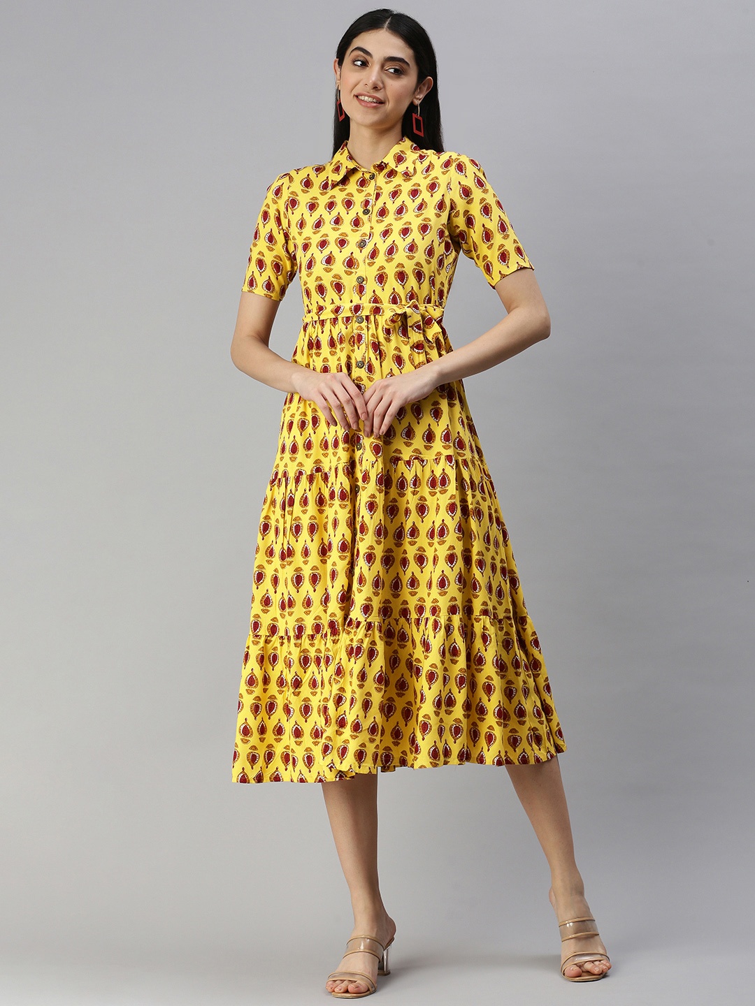 

MALHAAR Yellow & Red Ethnic Fit and Flare Cotton Dress