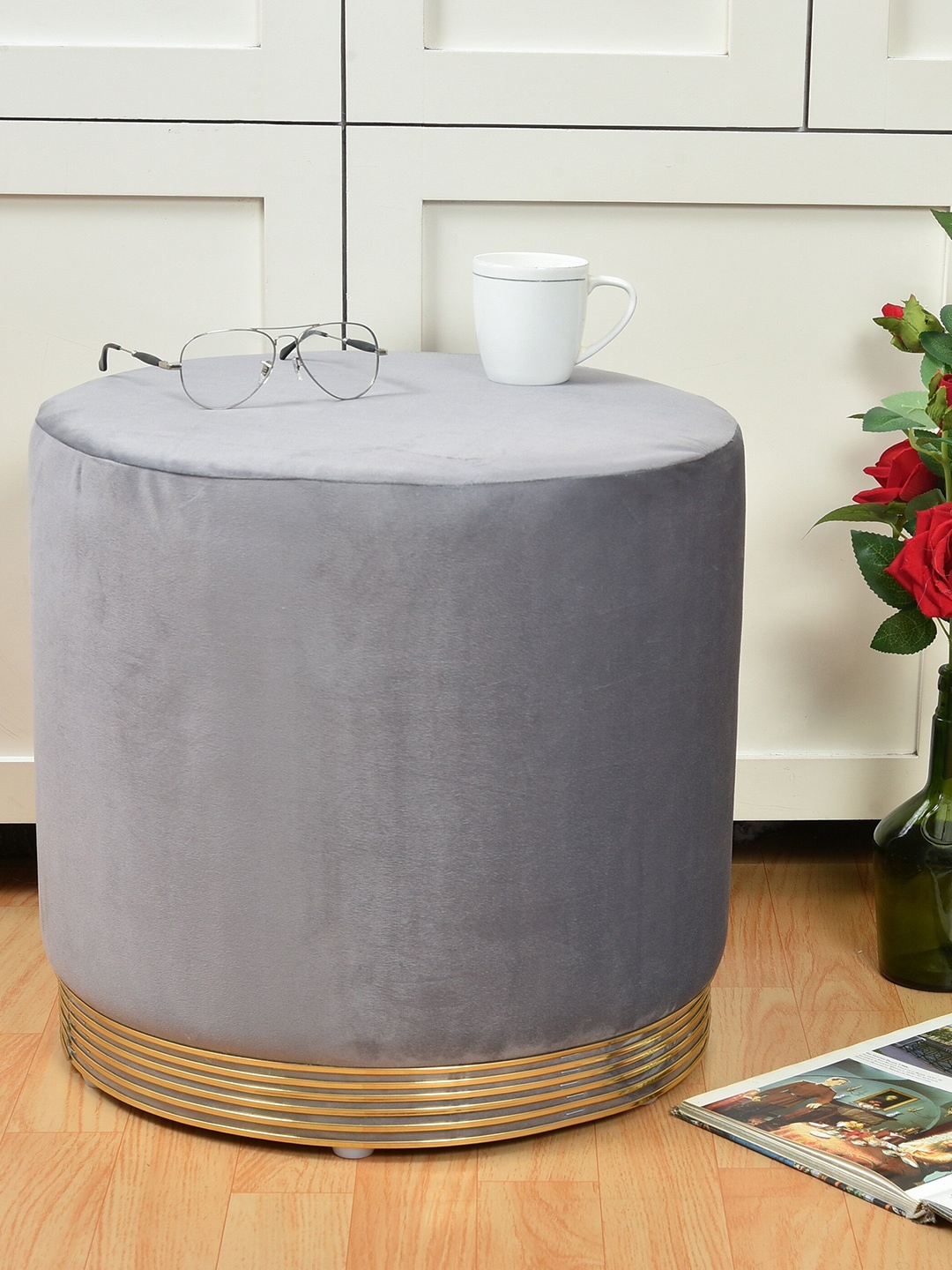 

RIANCE CREATIONS Grey Round Wooden Velvet Ottomans