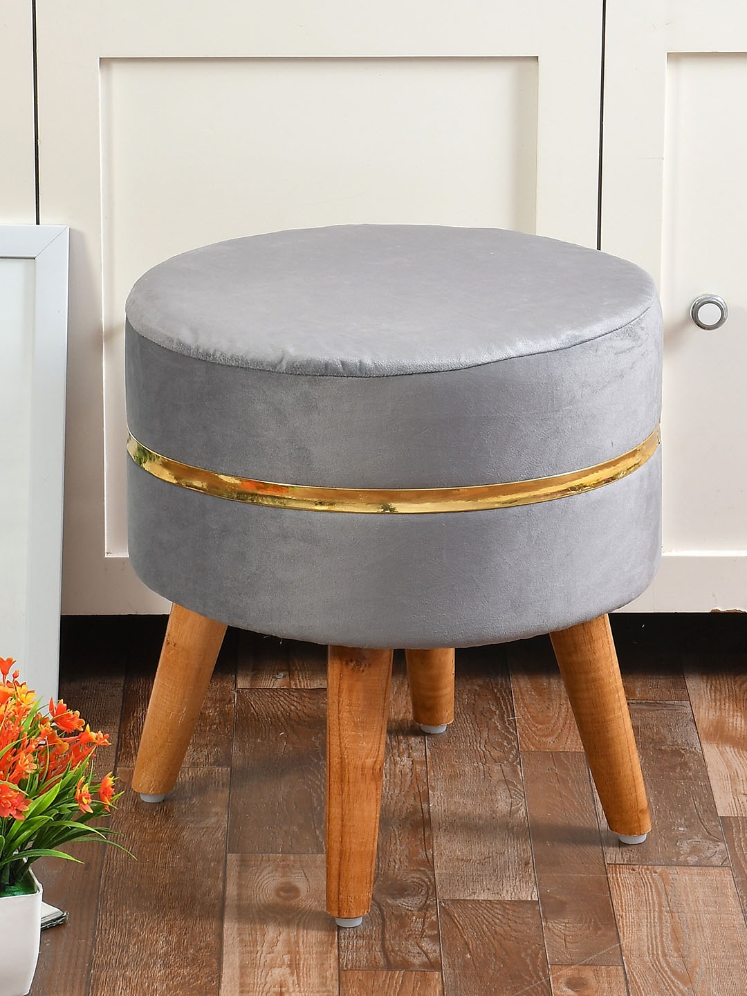 

RIANCE CREATIONS Grey Round Wooden Velvet Ottomans