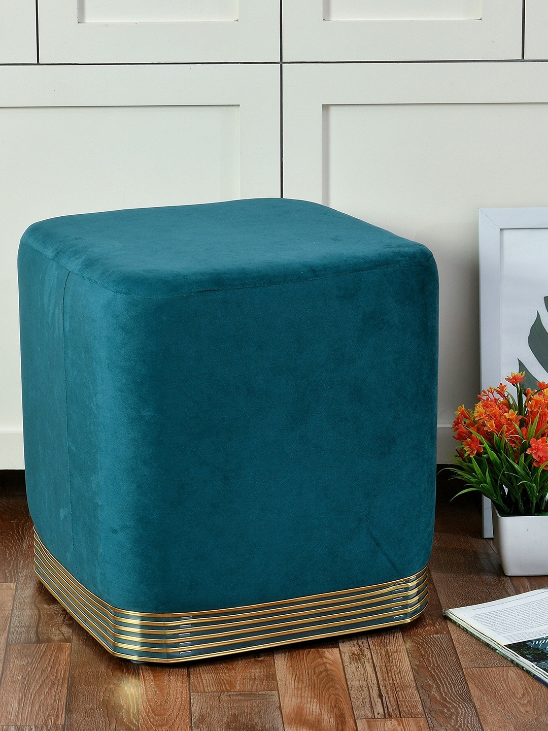 

RIANCE CREATIONS Teal Velvet Square Ottomans