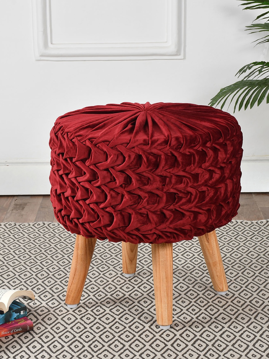 

RIANCE CREATIONS Maroon Round Wooden Velvet Ottomans