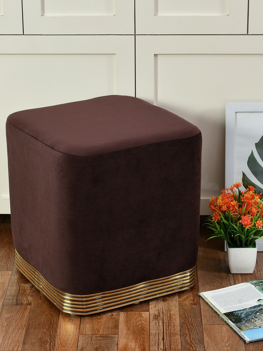 

RIANCE CREATIONS Brown Square Wooden Velvet Ottomans
