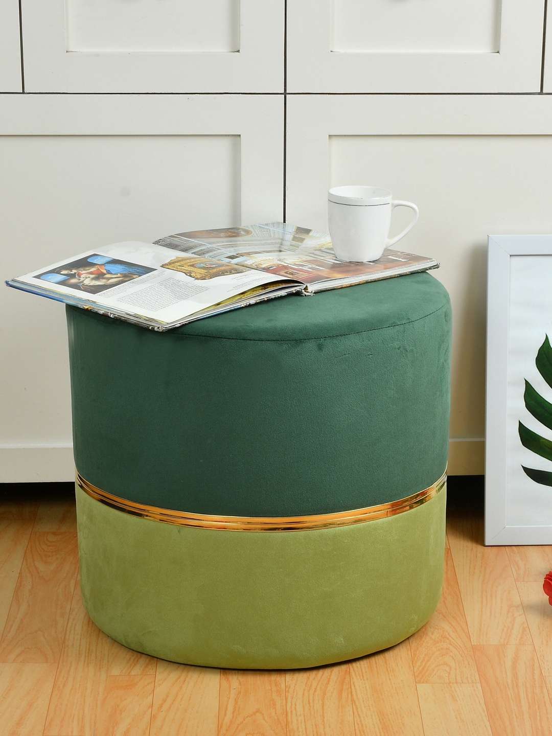 

RIANCE CREATIONS Green Solid Wooden Velvet Ottoman