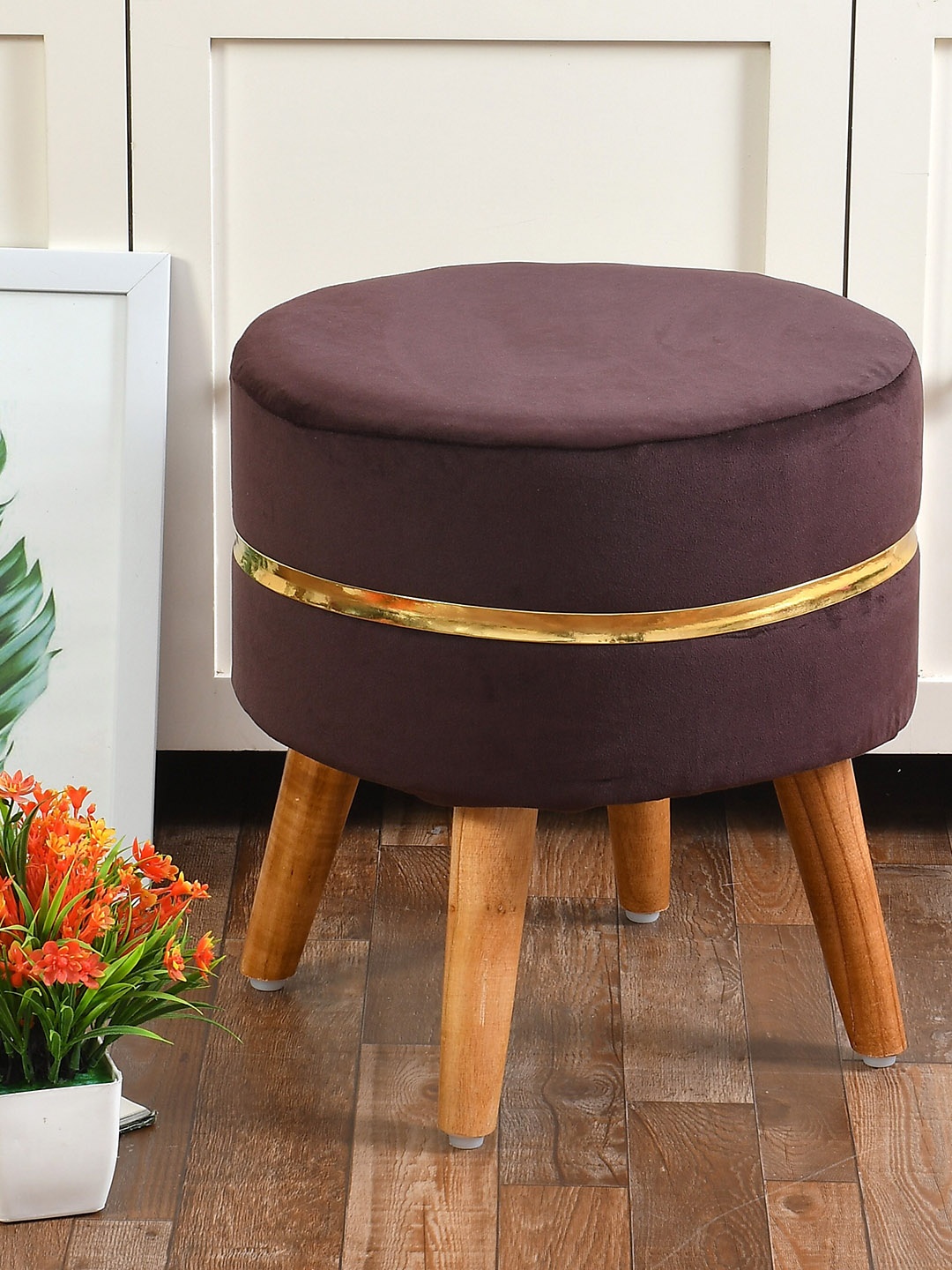 

RIANCE CREATIONS Brown Round Wooden Velvet Ottomans