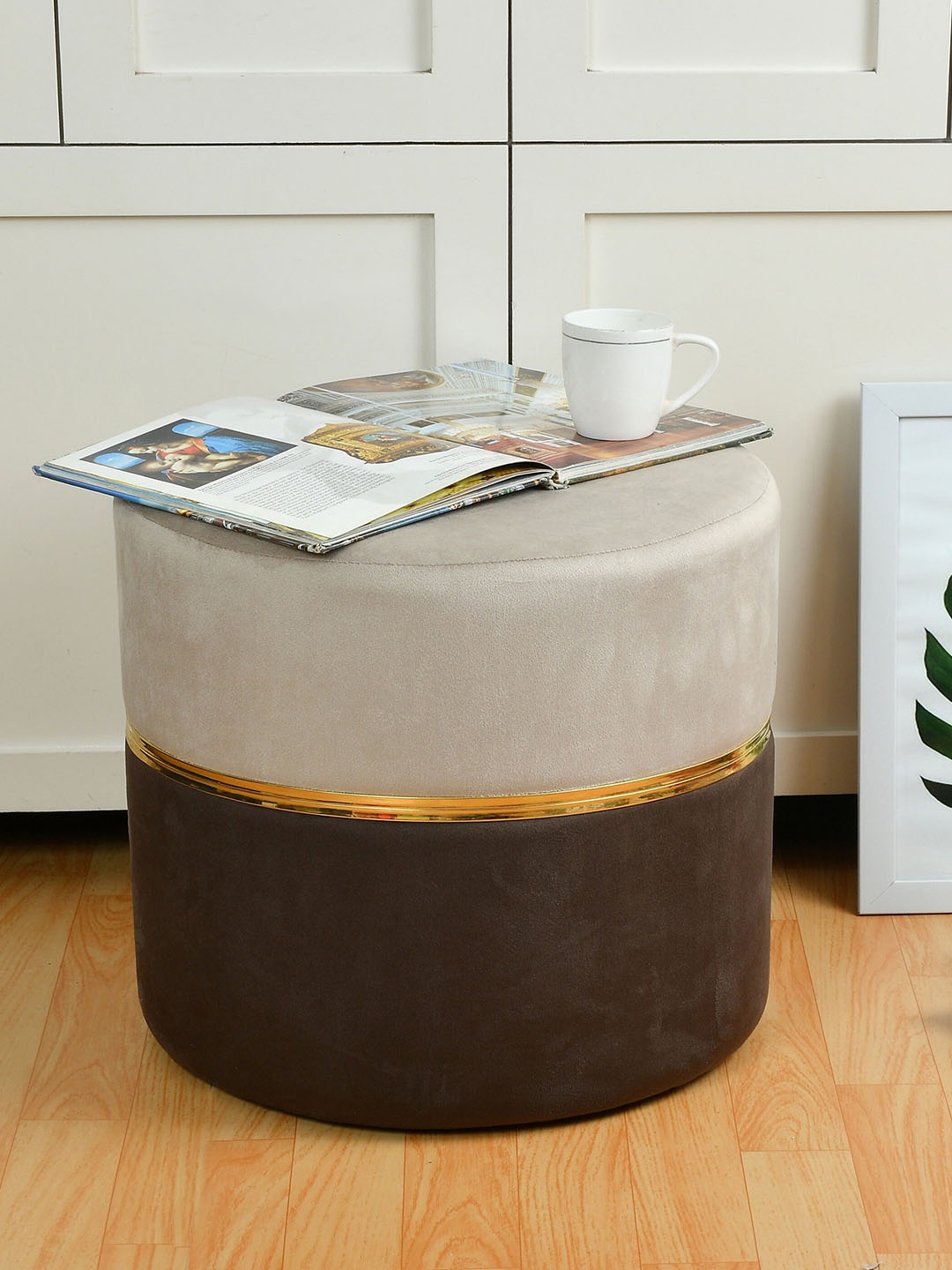 

RIANCE CREATIONS Brown Round Wooden Velvet Ottomans