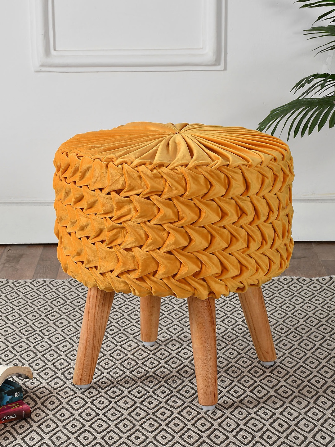 

RIANCE CREATIONS Yellow Round Wooden Velvet Ottomans