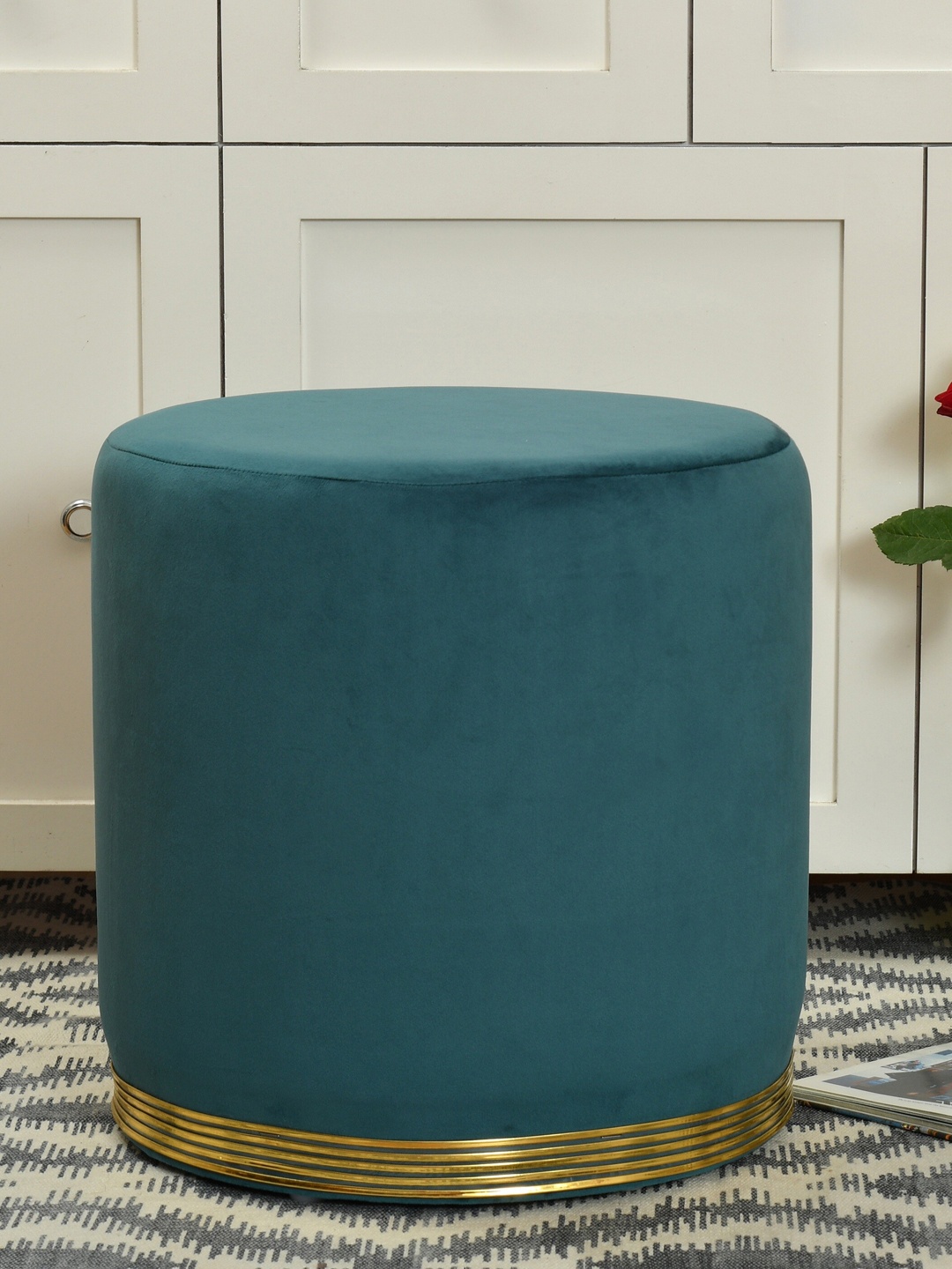 

RIANCE CREATIONS Teal Solid Wooden Velvet Ottoman