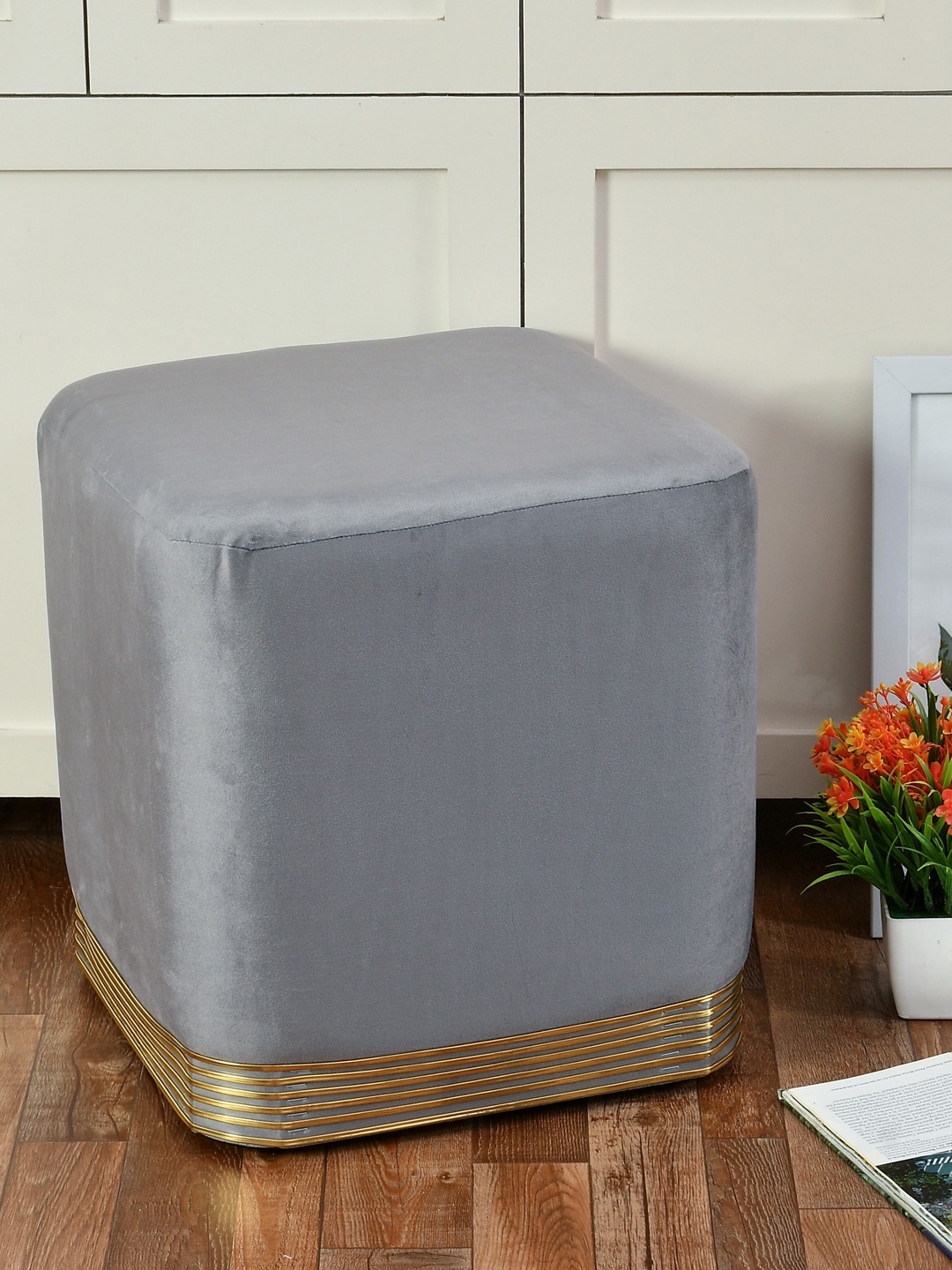 

RIANCE CREATIONS Grey Solid Wooden Velvet Ottoman
