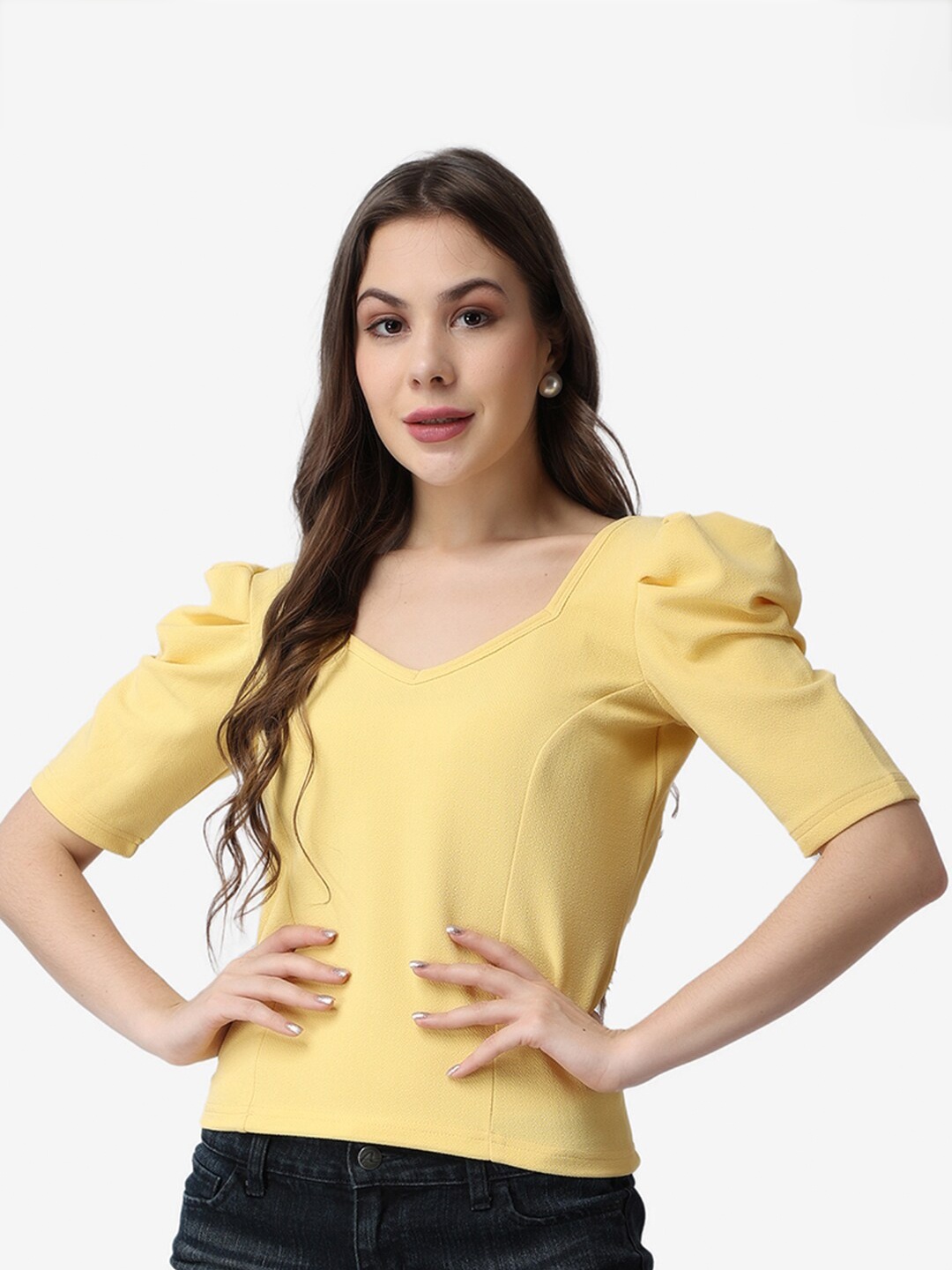 

Popwings Women Yellow Sweetheart Neck Puff Sleeves Top