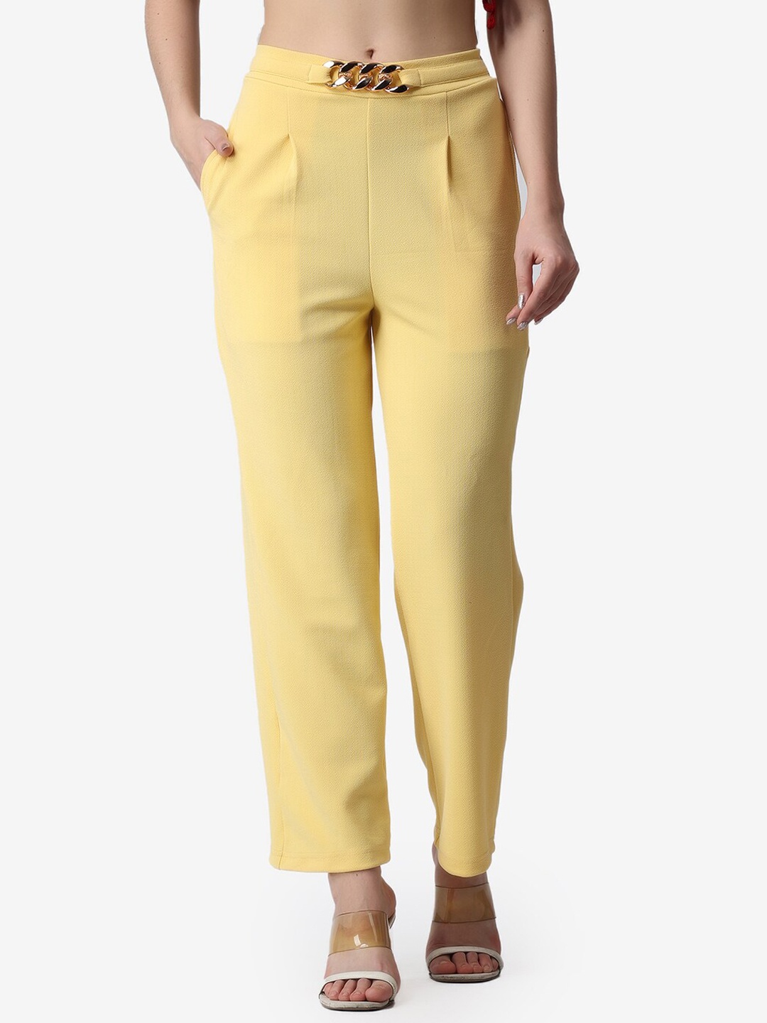 

Popwings Women Yellow Smart Loose Fit Wrinkle Free Pleated Trousers