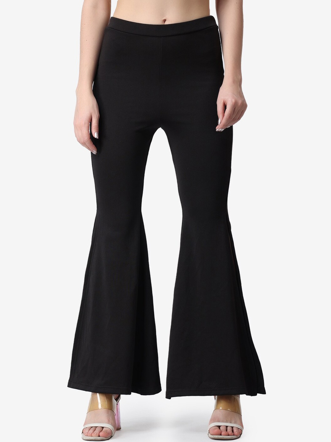

Popwings Women Black Smart Flared High-Rise Easy Wash Trousers