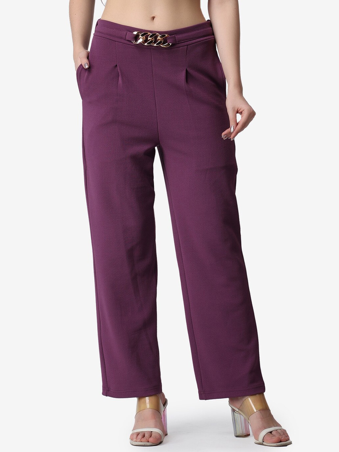 

Popwings Women Purple Smart Loose Fit Wrinkle Free Pleated Trousers