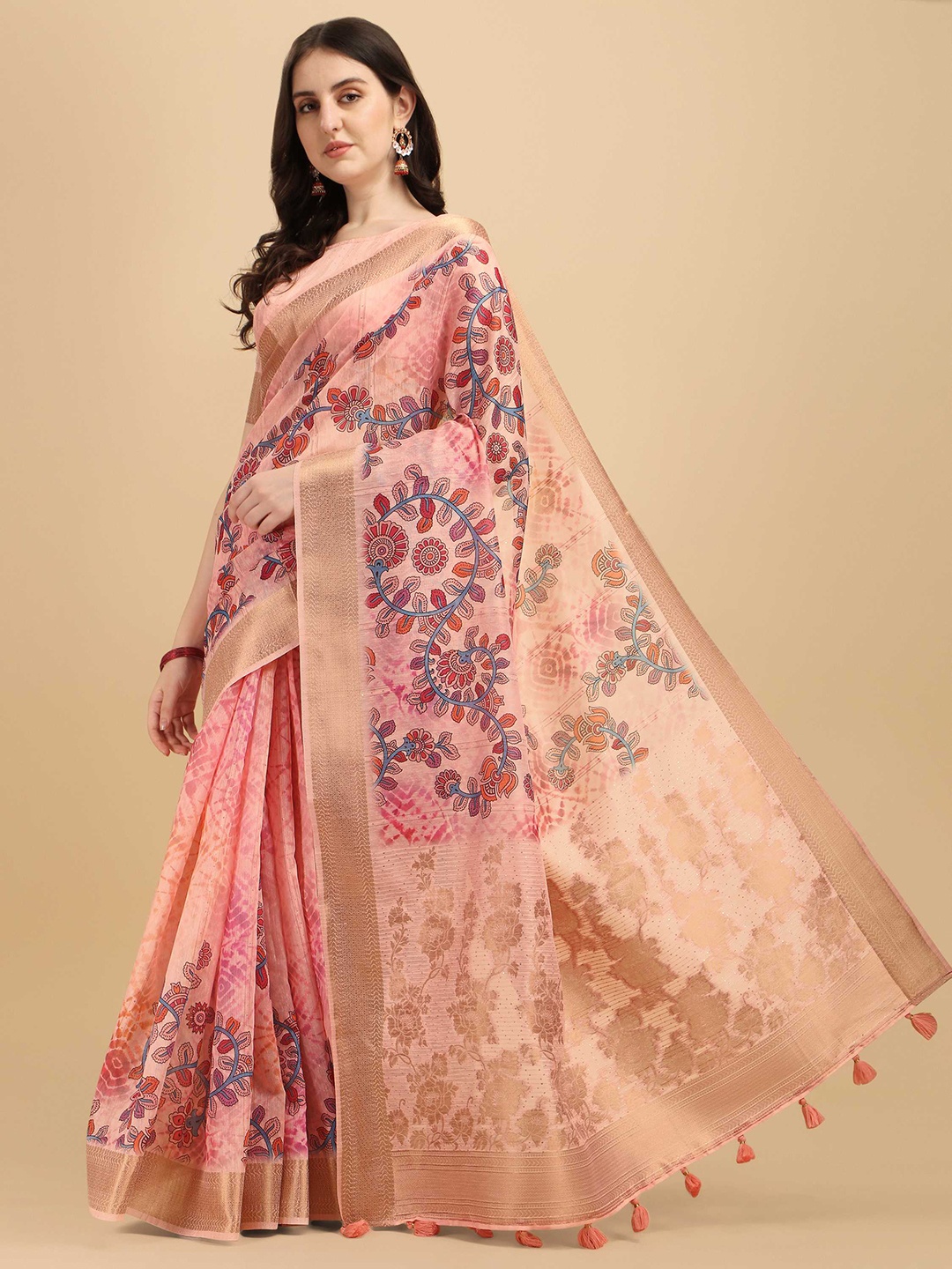 

DUNGRANI Women Pink & Orange Floral Zari Silk Cotton Saree