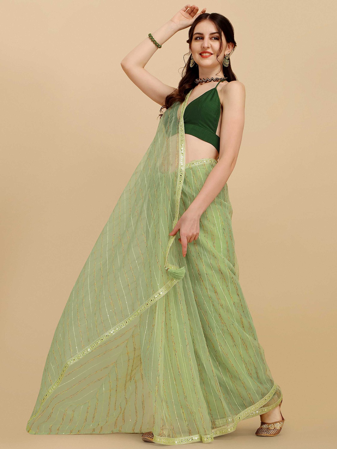 

DUNGRANI Women Sea Green Embellished Sequinned Organza Saree