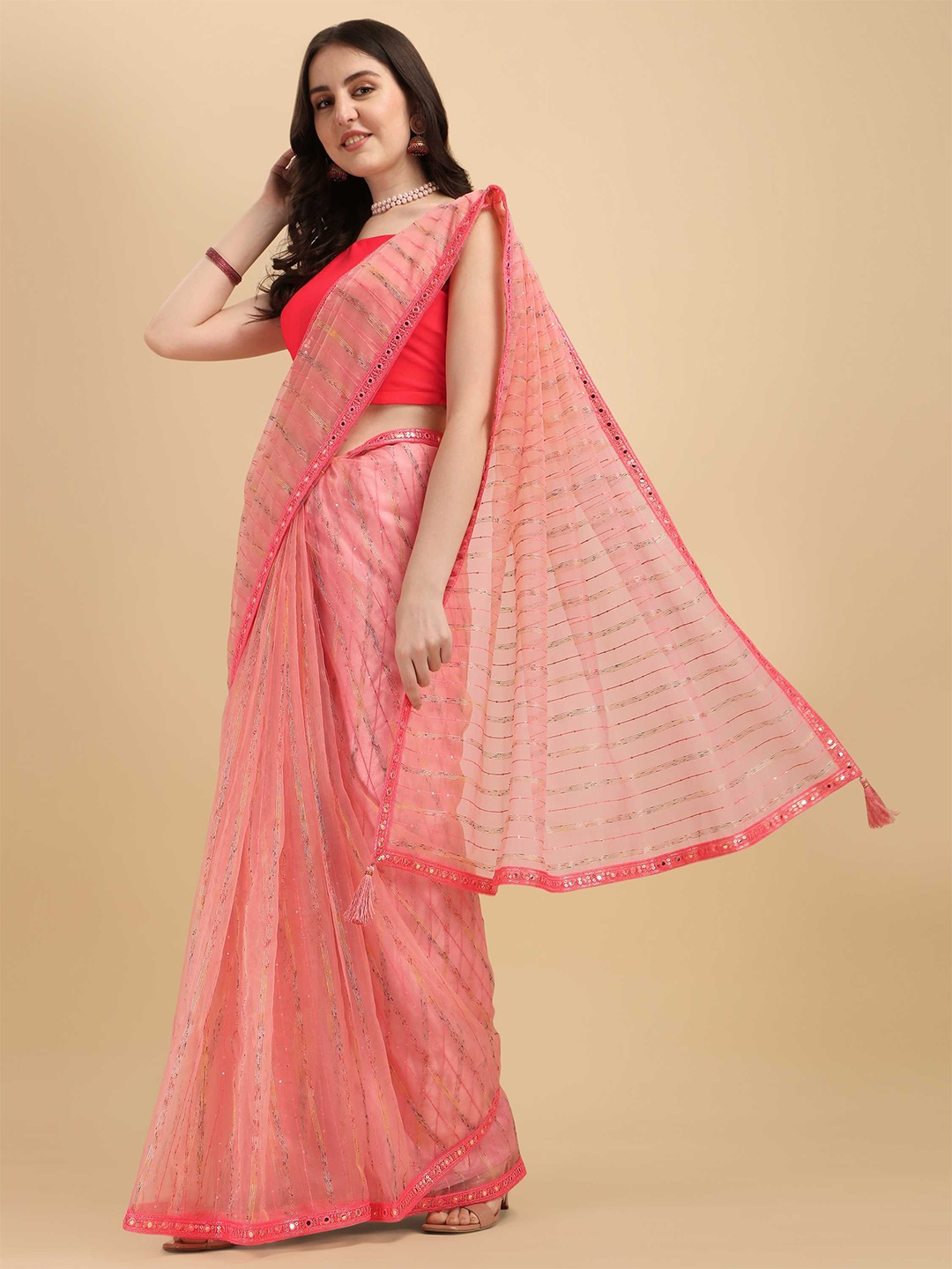

DUNGRANI Women Pink Embellished Sequinned Organza Saree