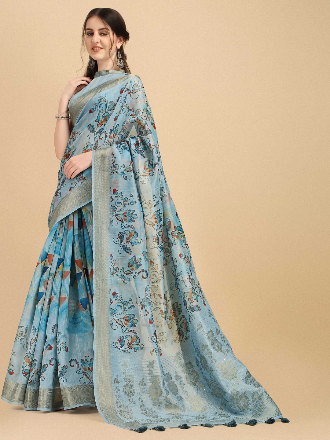 

DUNGRANI Women Grey & Blue Floral Zari Silk Cotton Saree