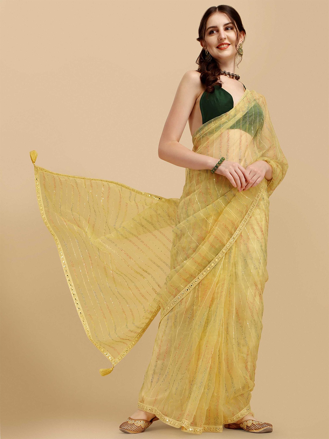 

DUNGRANI Women Yellow & Red Striped Sequinned Organza Saree