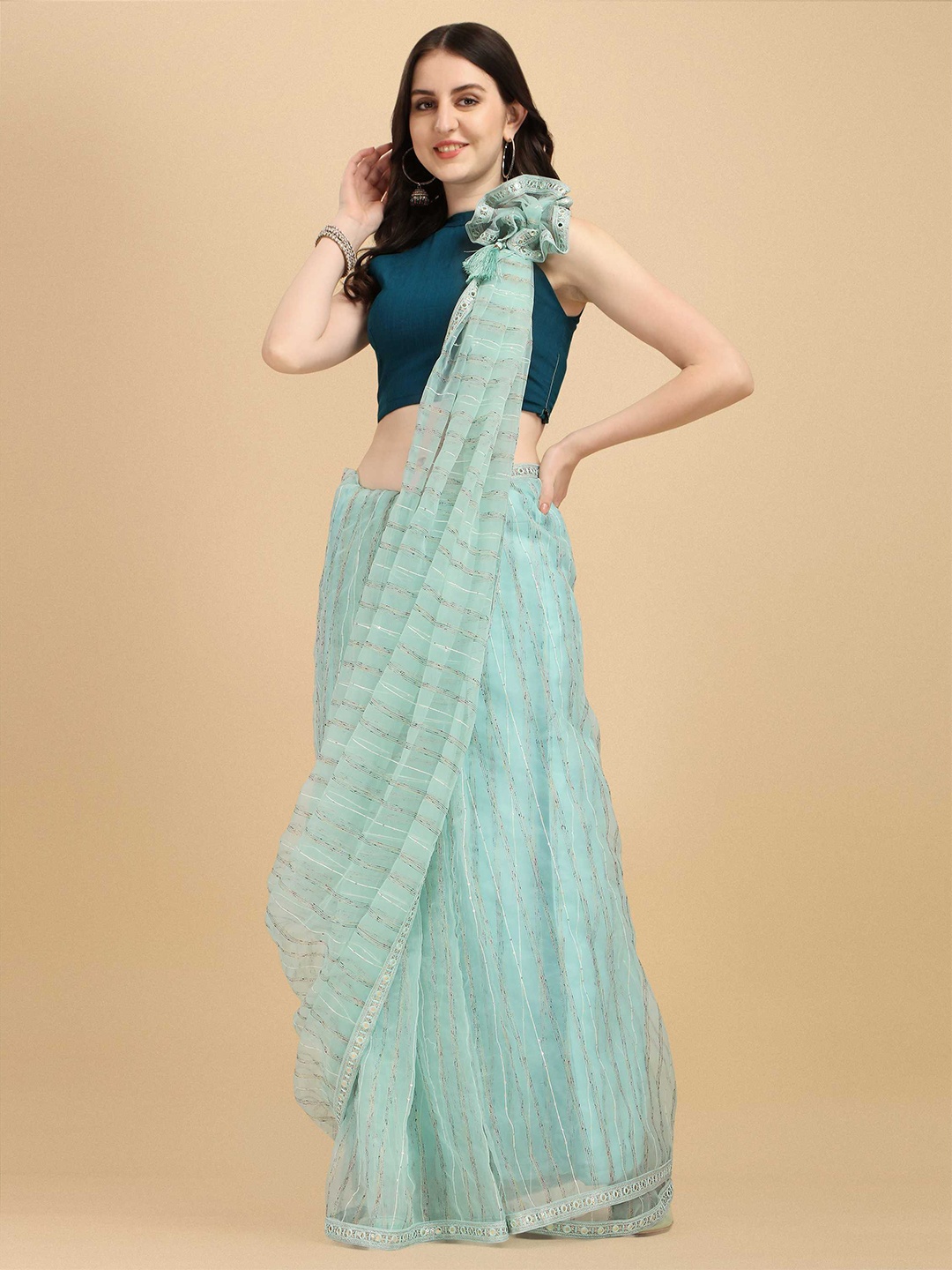 

DUNGRANI Women Turquoise Blue Striped Sequinned Organza Saree