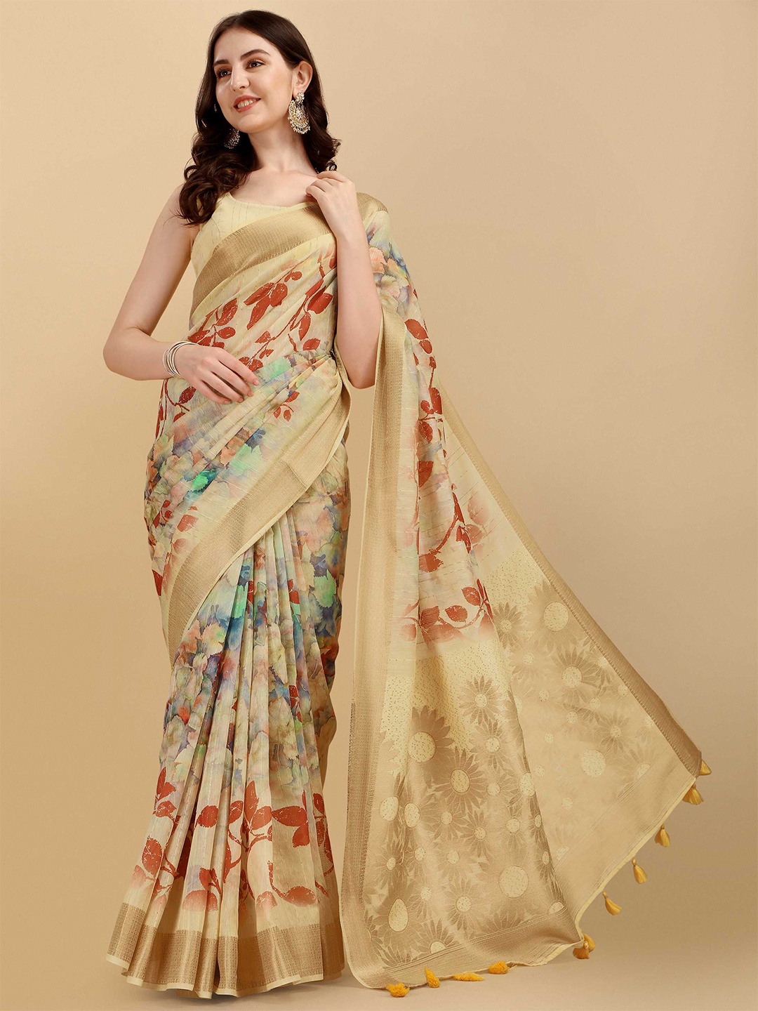 

DUNGRANI Women Beige & Brown Floral Zari Silk Cotton Saree