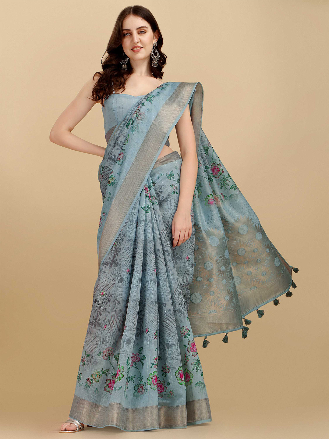 

DUNGRANI Grey & Green Floral Zari Silk Cotton Saree