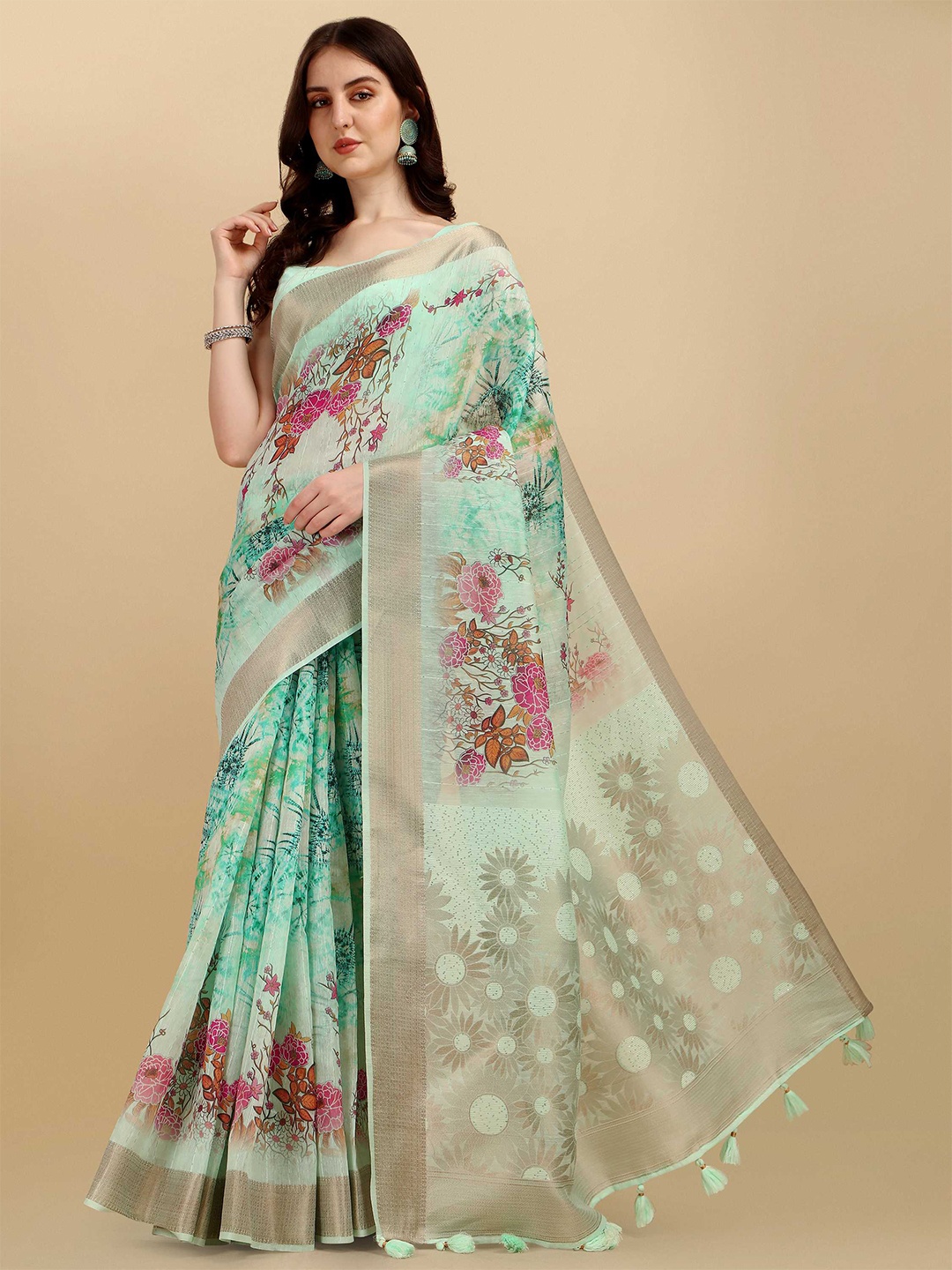 

DUNGRANI Turquoise Blue & Pink Floral Silk Cotton Saree