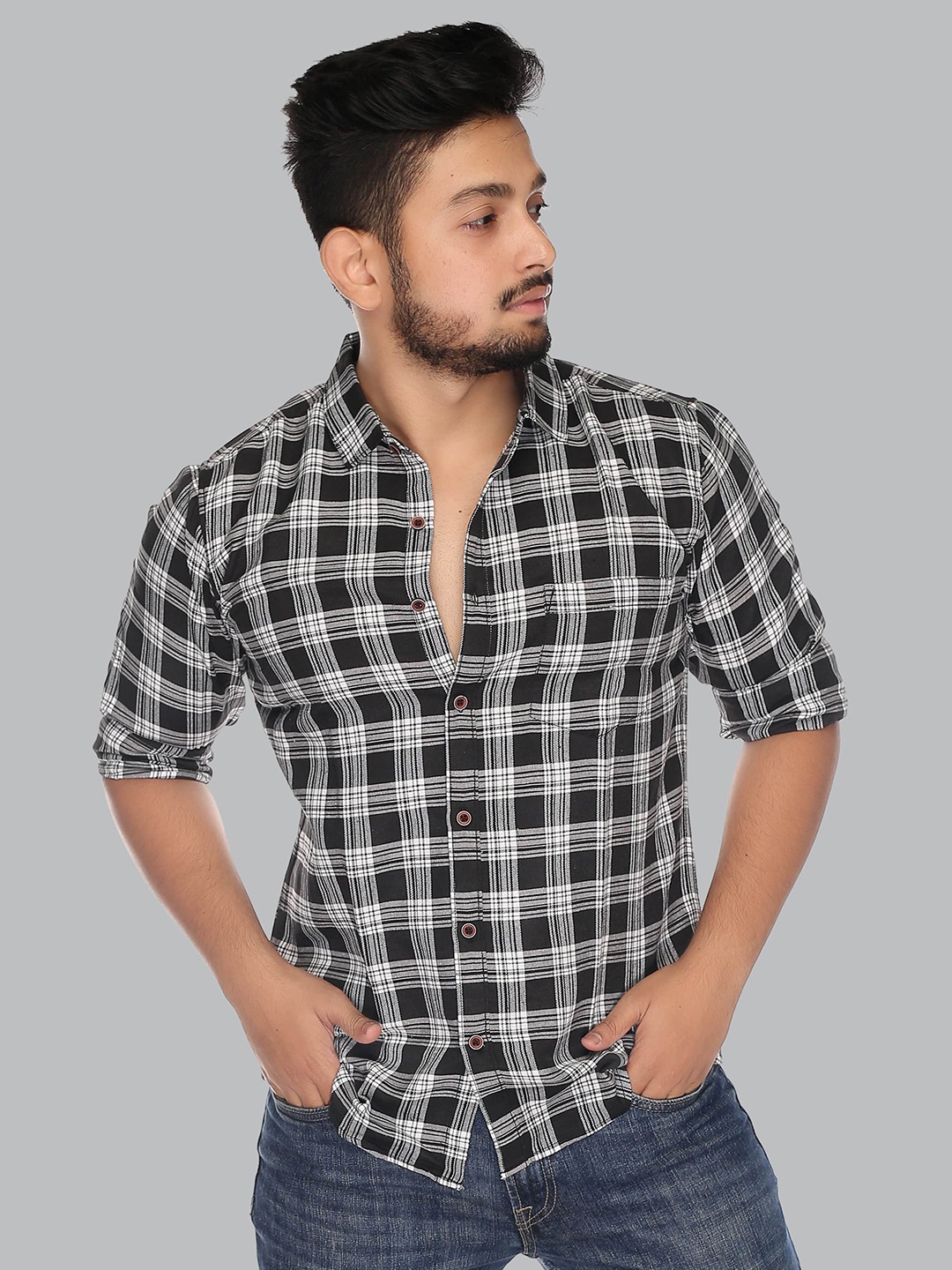 

MABYN Men Black Straight Tartan Checks Casual Cotton Shirt