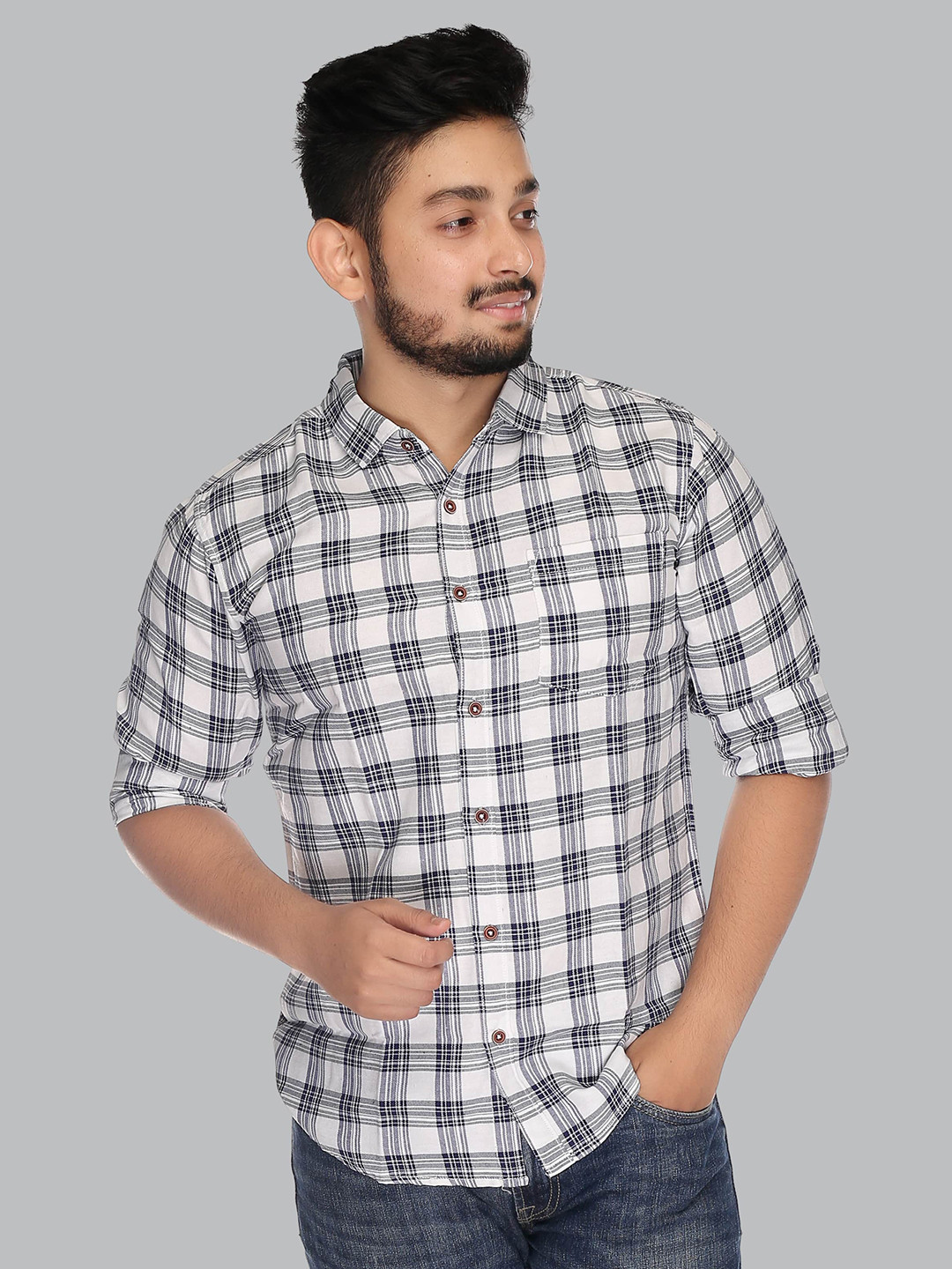 

MABYN Men White Straight Tartan Checks Casual Cotton Shirt