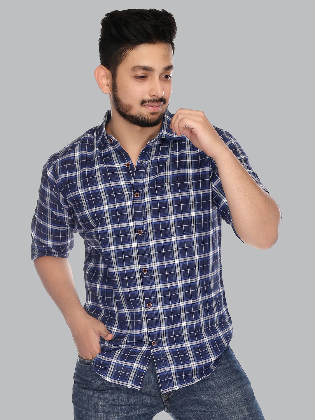 

MABYN Men Blue Straight Tartan Checks Casual Cotton Shirt