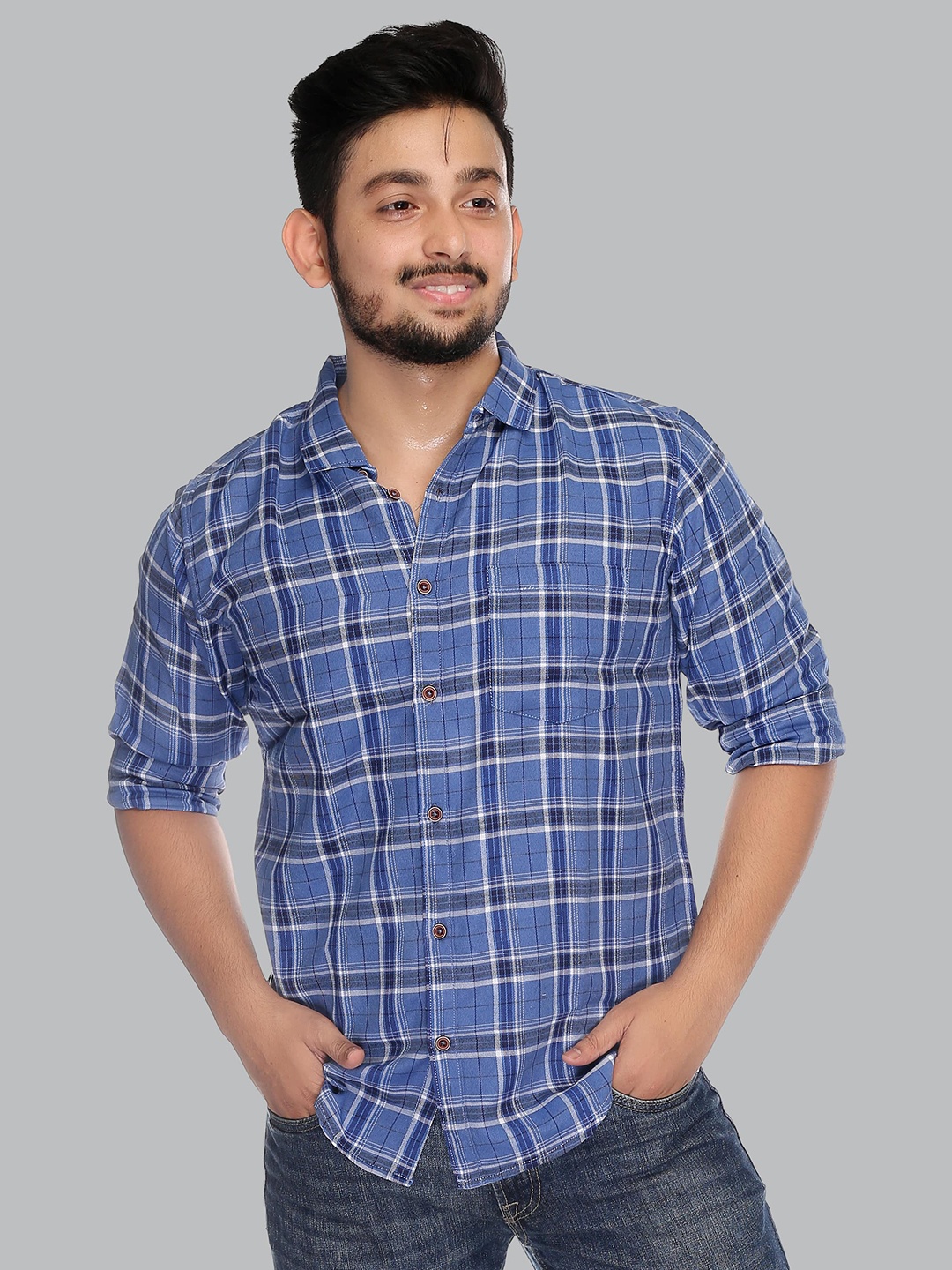 

MABYN Men Blue Straight Tartan Checks Casual Cotton Shirt