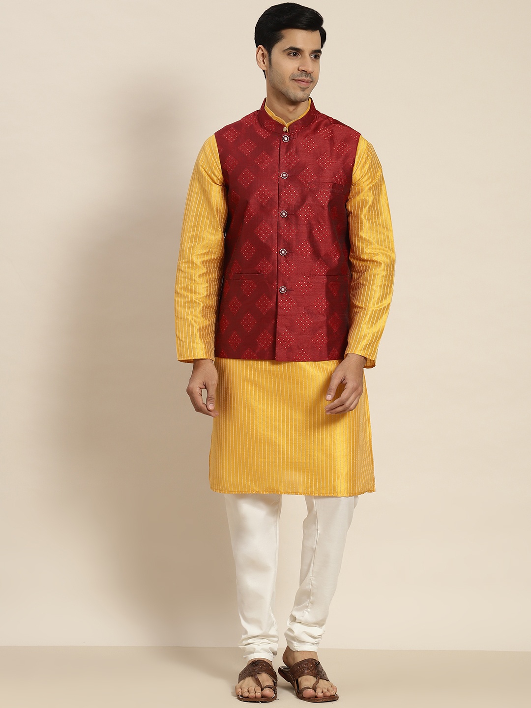 

SOJANYA Men Woven Design Kurta with Churidar with Nehru Jacket, Mustard