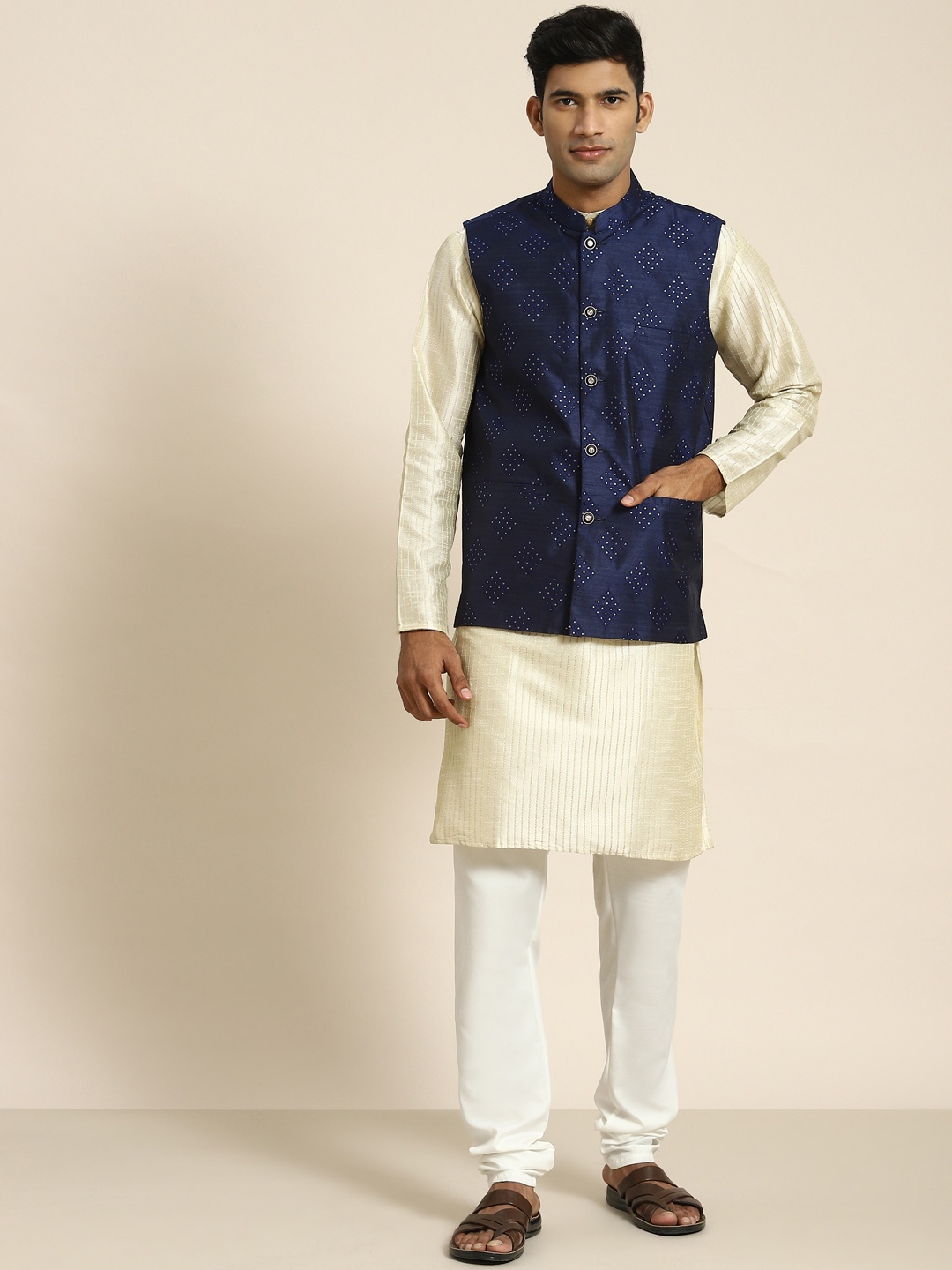 

SOJANYA Men Woven Design Kurta with Churidar with Nehru Jacket, Cream