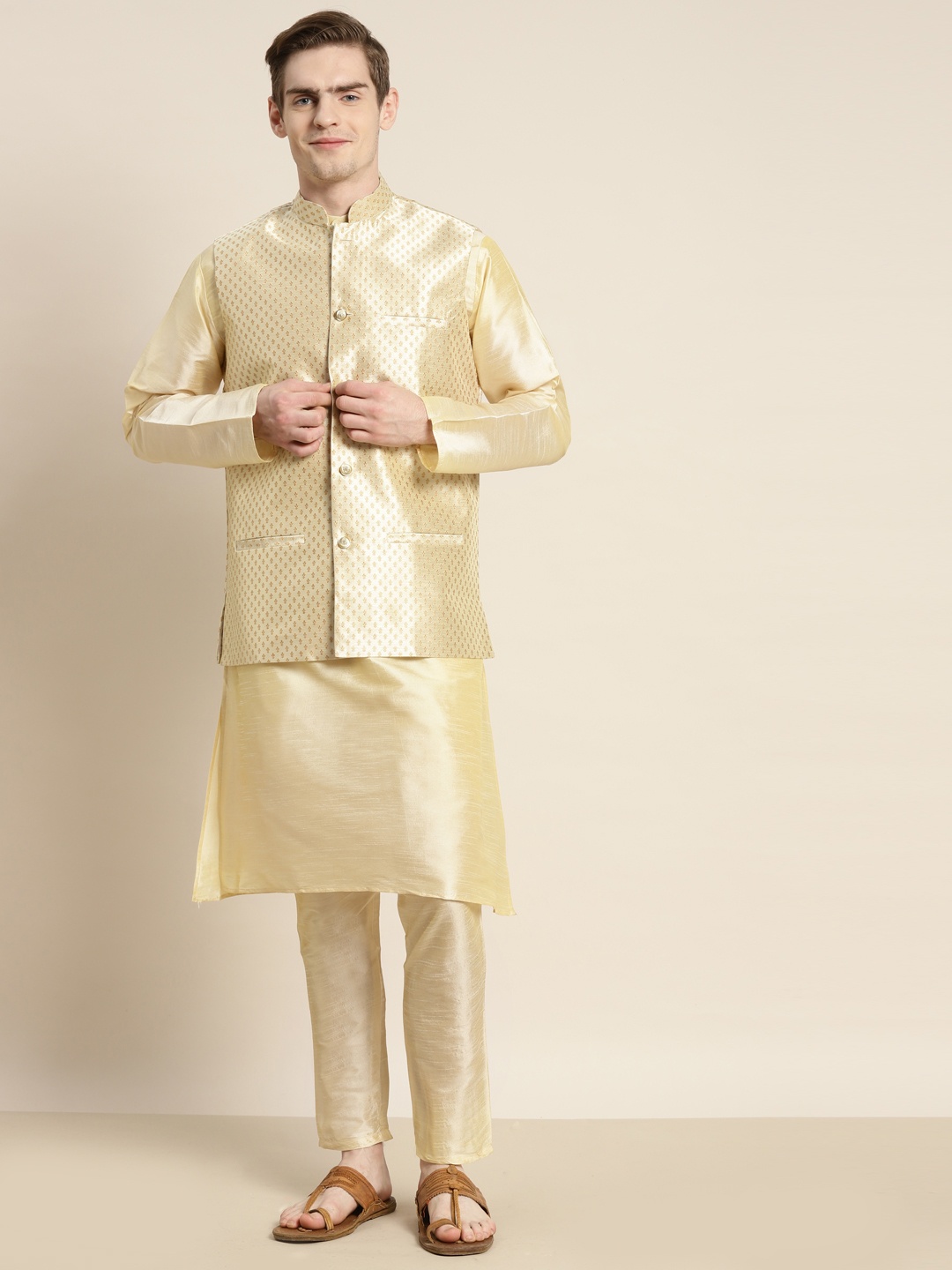 

SOJANYA Men Solid Kurta with Churidar & Woven Design Nehru Jacket, Gold