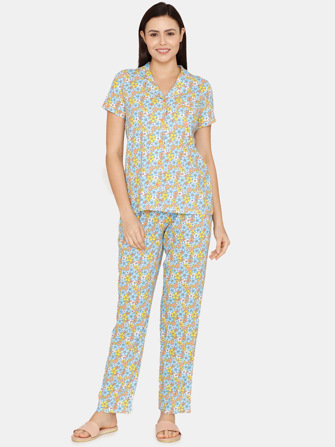 

Zivame Women Blue & Pink Printed Pure Cotton Night suit