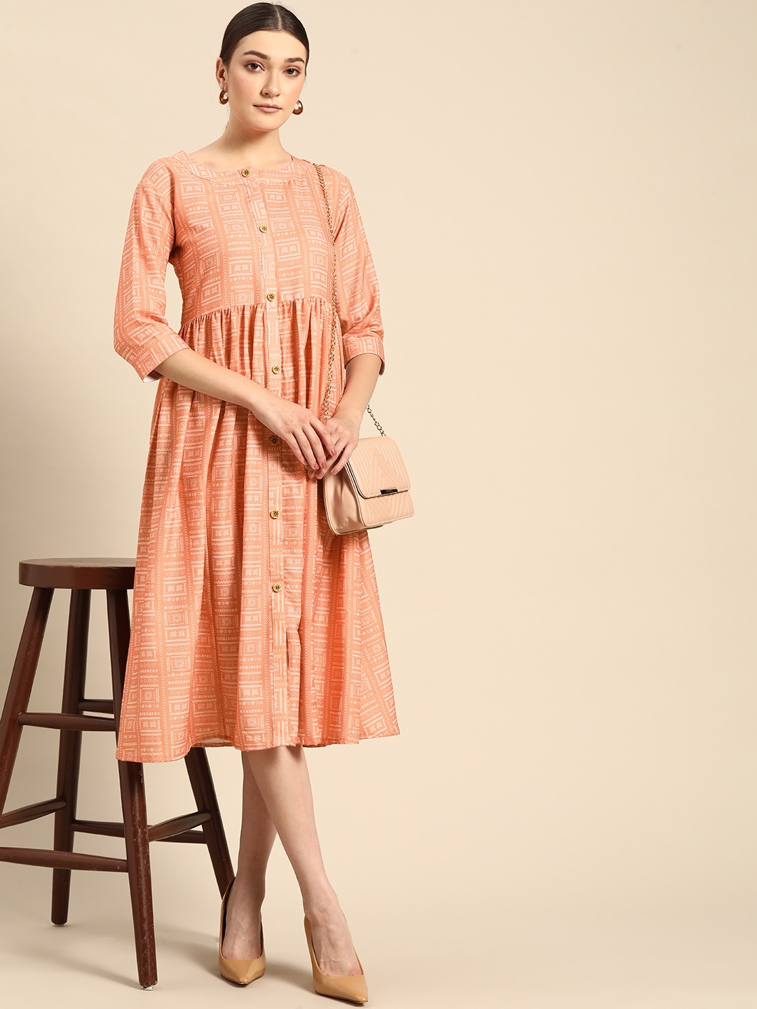 

all about you Peach-Coloured & White Tribal A-Line Midi Dress