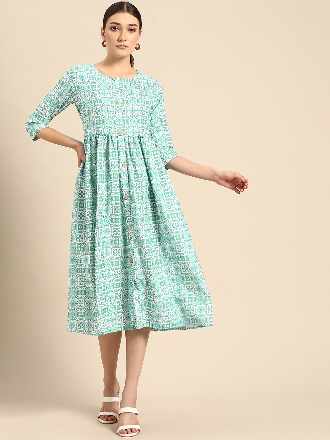 

all about you Blue & White Ethnic Motifs A-Line Midi Dress