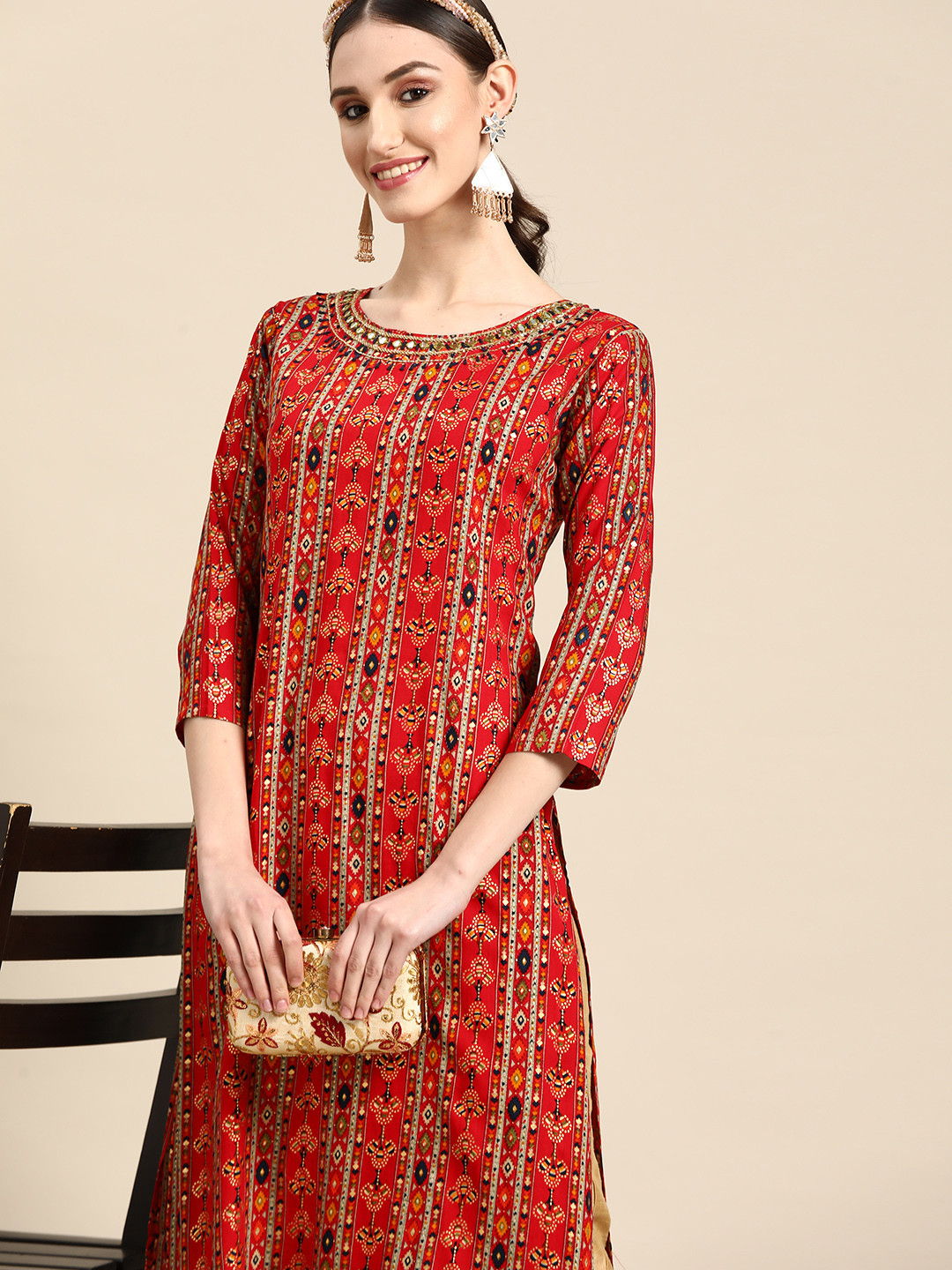 

Sangria Women Red Ethnic Motifs Embroidered Kurta