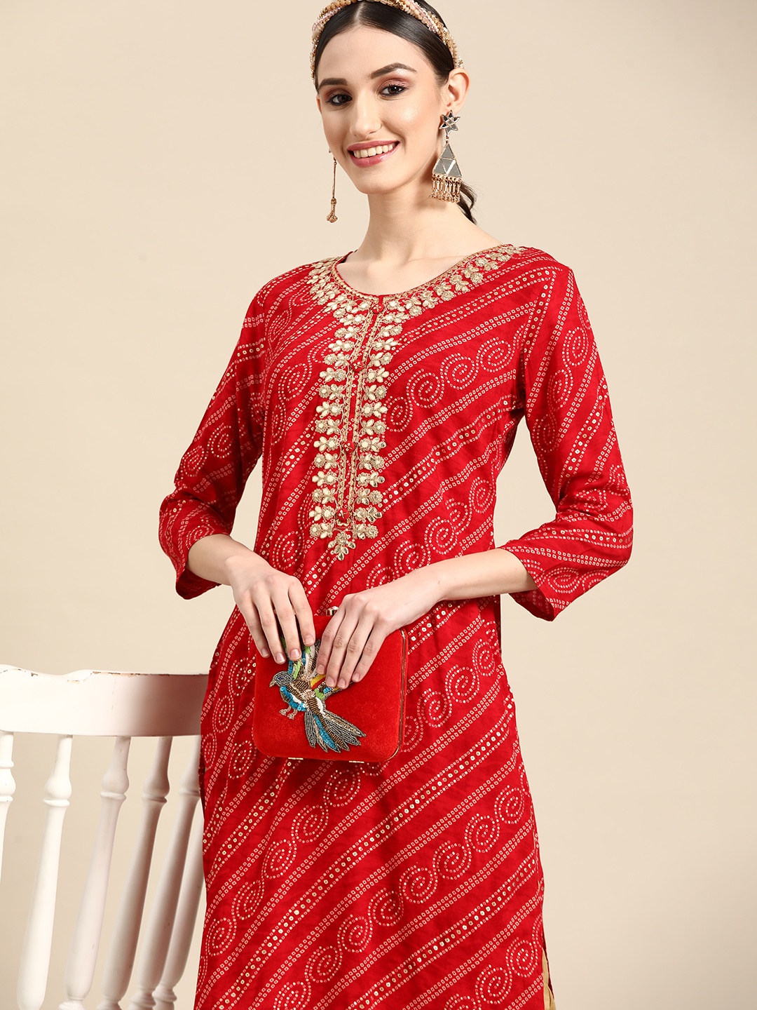 

Sangria Women Red Bandhani Embroidered Thread Work Kurta