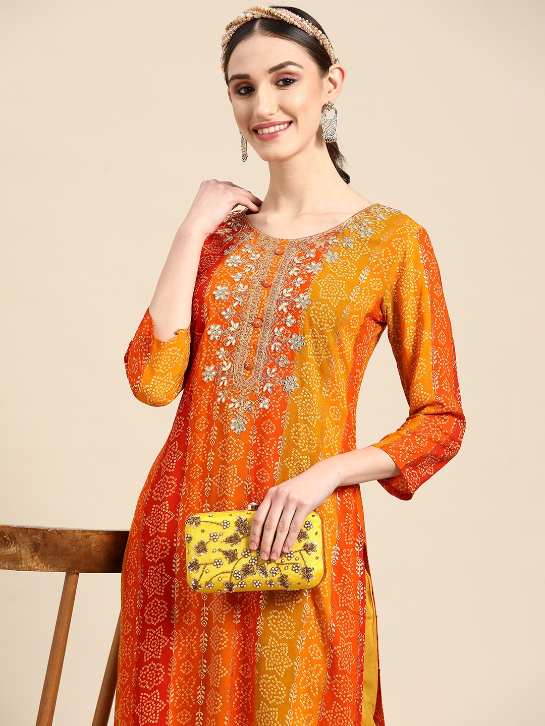 

Sangria Women Yellow Bandhani Embroidered Thread Work Kurta