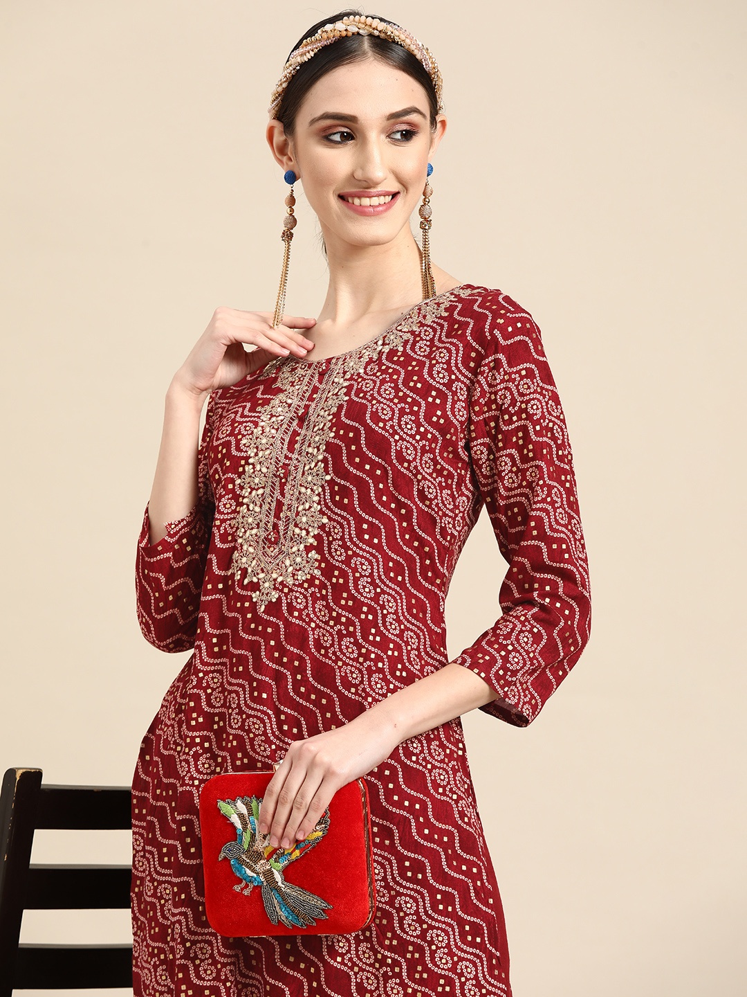 

Sangria Women Maroon Bandhani Embroidered Thread Work Kurta