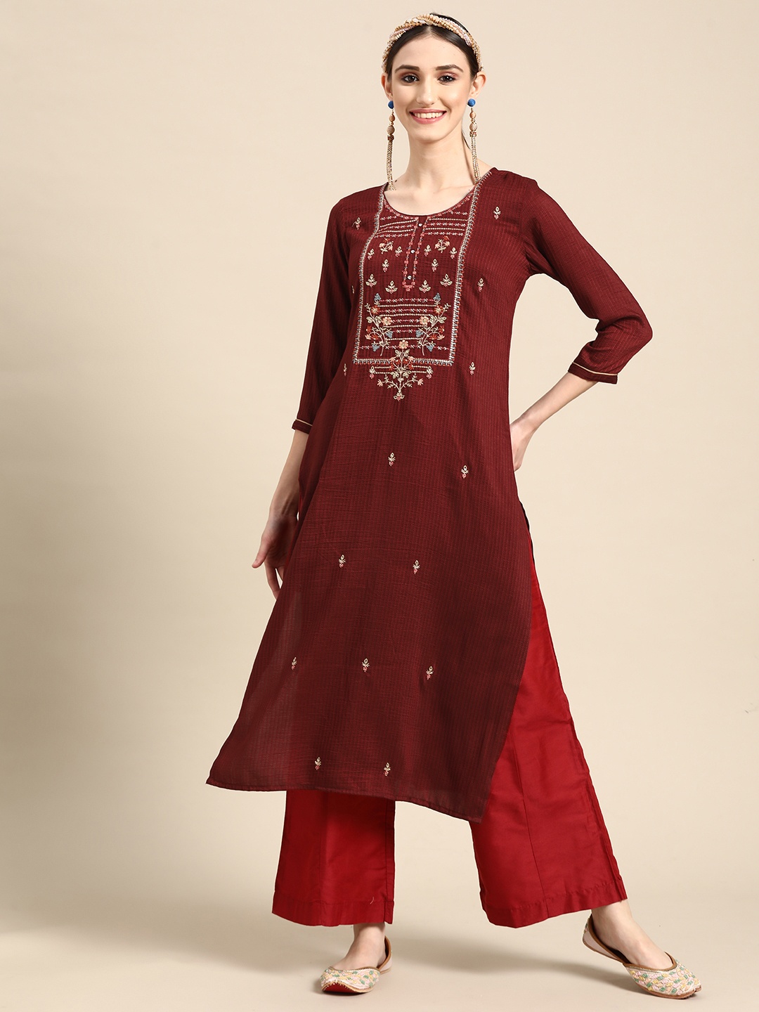 

Sangria Women Maroon Ethnic Motifs Embroidered Kurta