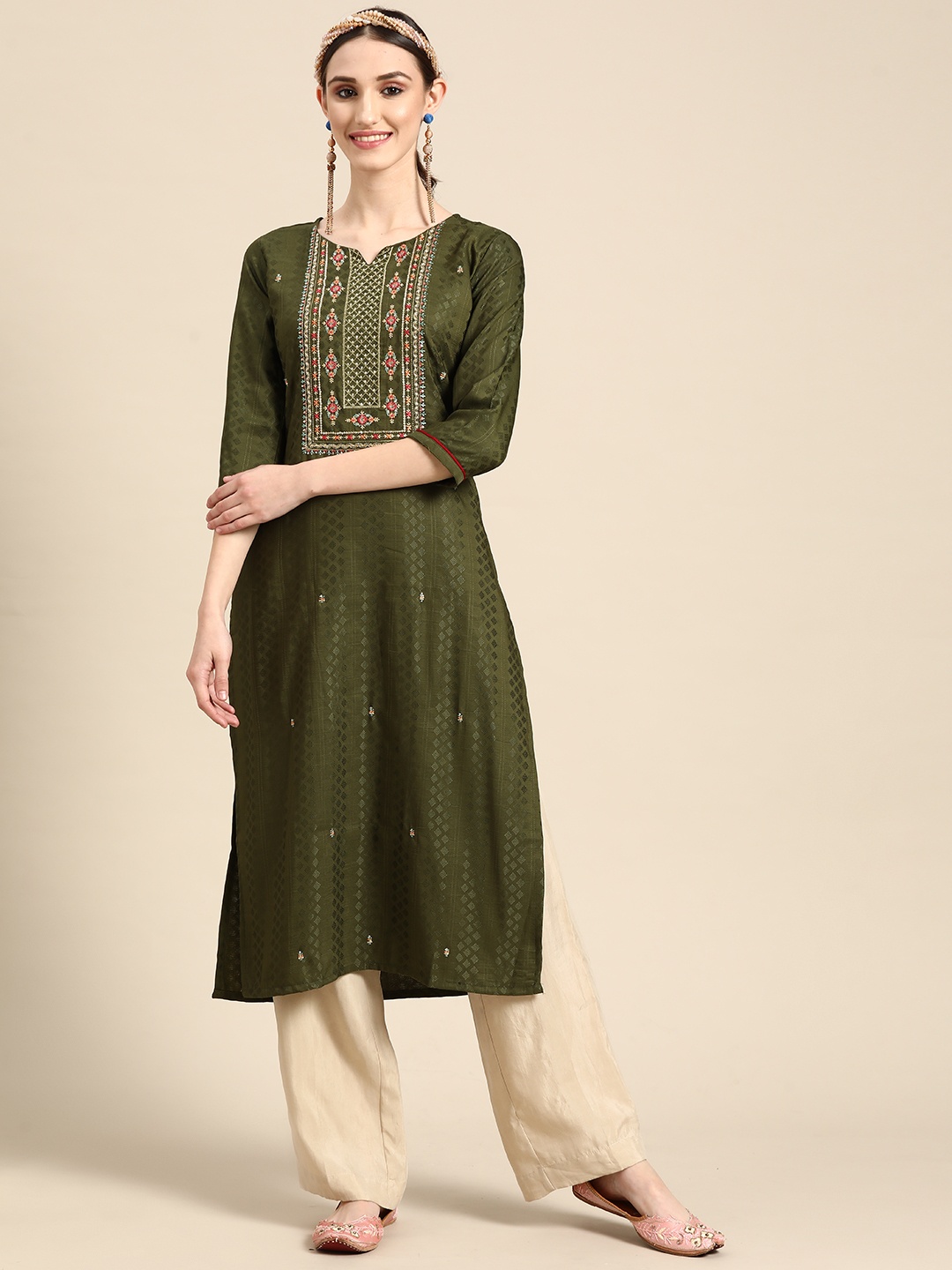 

Sangria Women Green Ethnic Motifs Embroidered Kurta