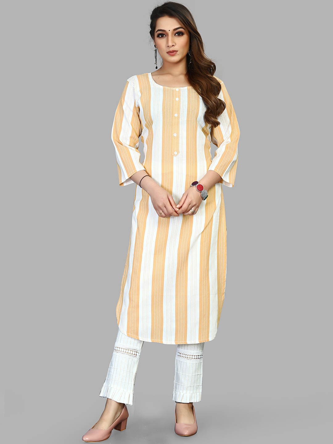 

Fashion FRICKS Women Yellow Striped Pure Cotton Kurta with Trousers