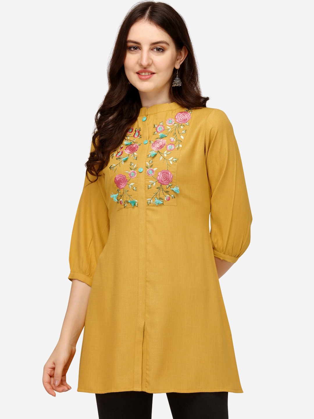 

Pure 9 Mustard Yellow Floral Embroidered Thread Work Pure Cotton Kurti