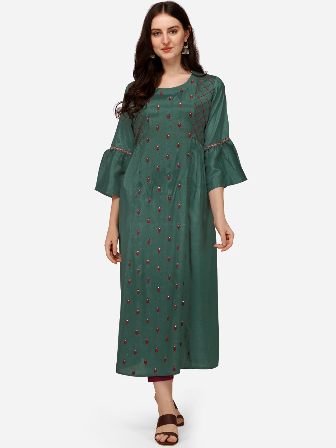 

Pure 9 Ethnic Motifs Embroidered Flared Sleeves Mirror Work Silk Kurta, Green