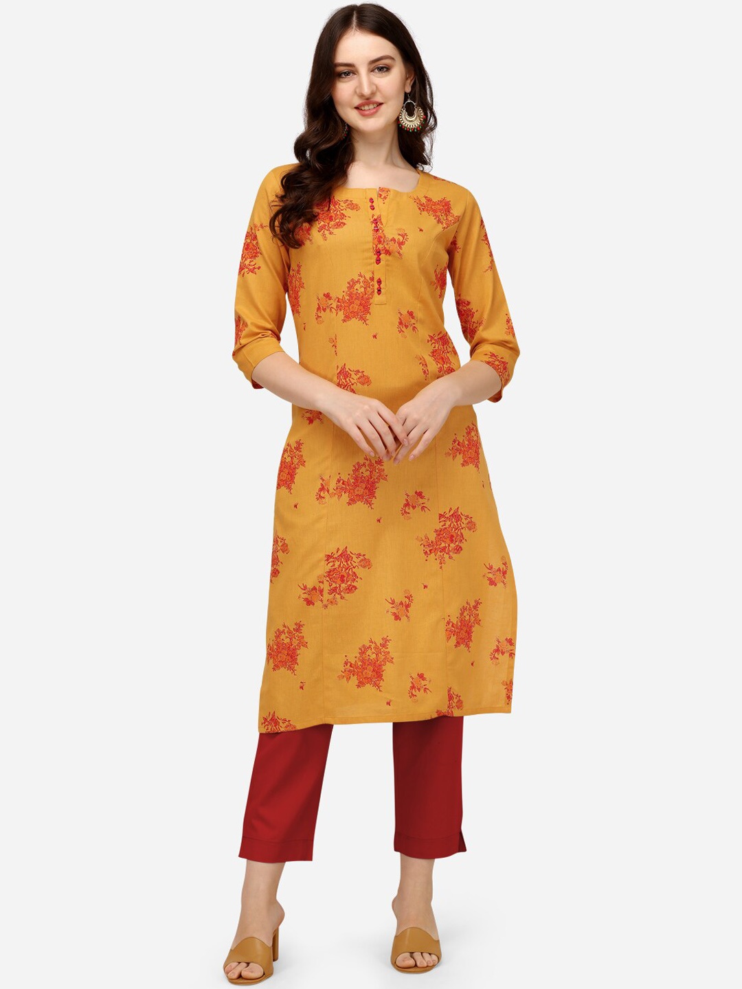 

Pure 9 Floral Printed Cotton A-Line Regular Kurta, Mustard