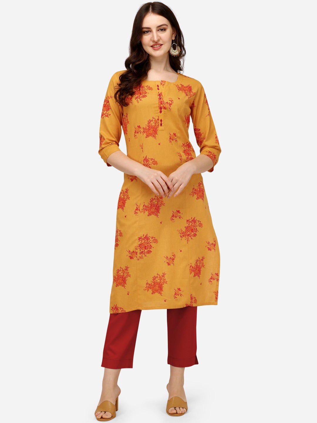 

Pure 9 Women Mustard Yellow & Red Floral Printed Floral Cotton Kurta