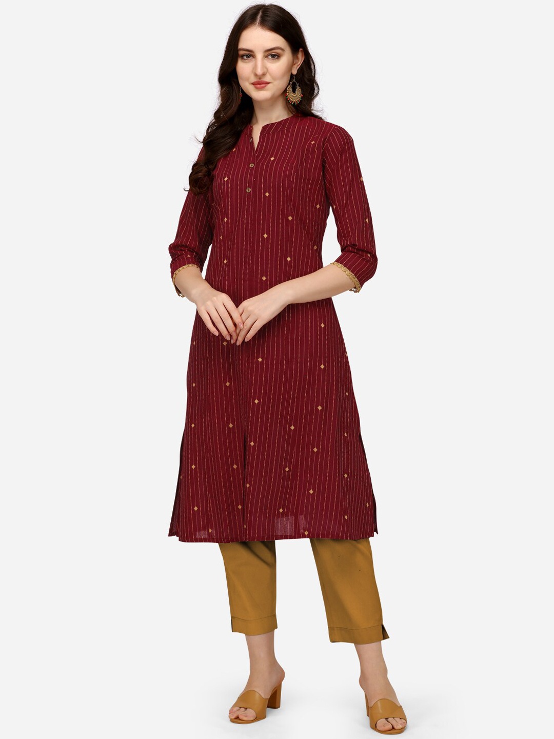 

Pure 9 Striped Cotton A-Line Regular Kurta, Maroon