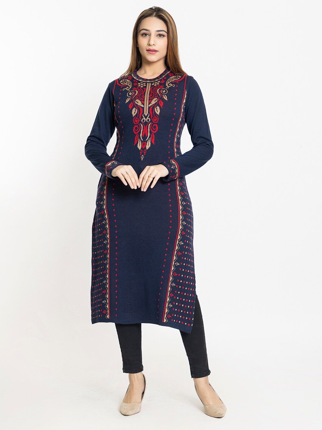 

KEIKO Ethnic Motifs Printed Round Neck Acrylic Kurta, Navy blue