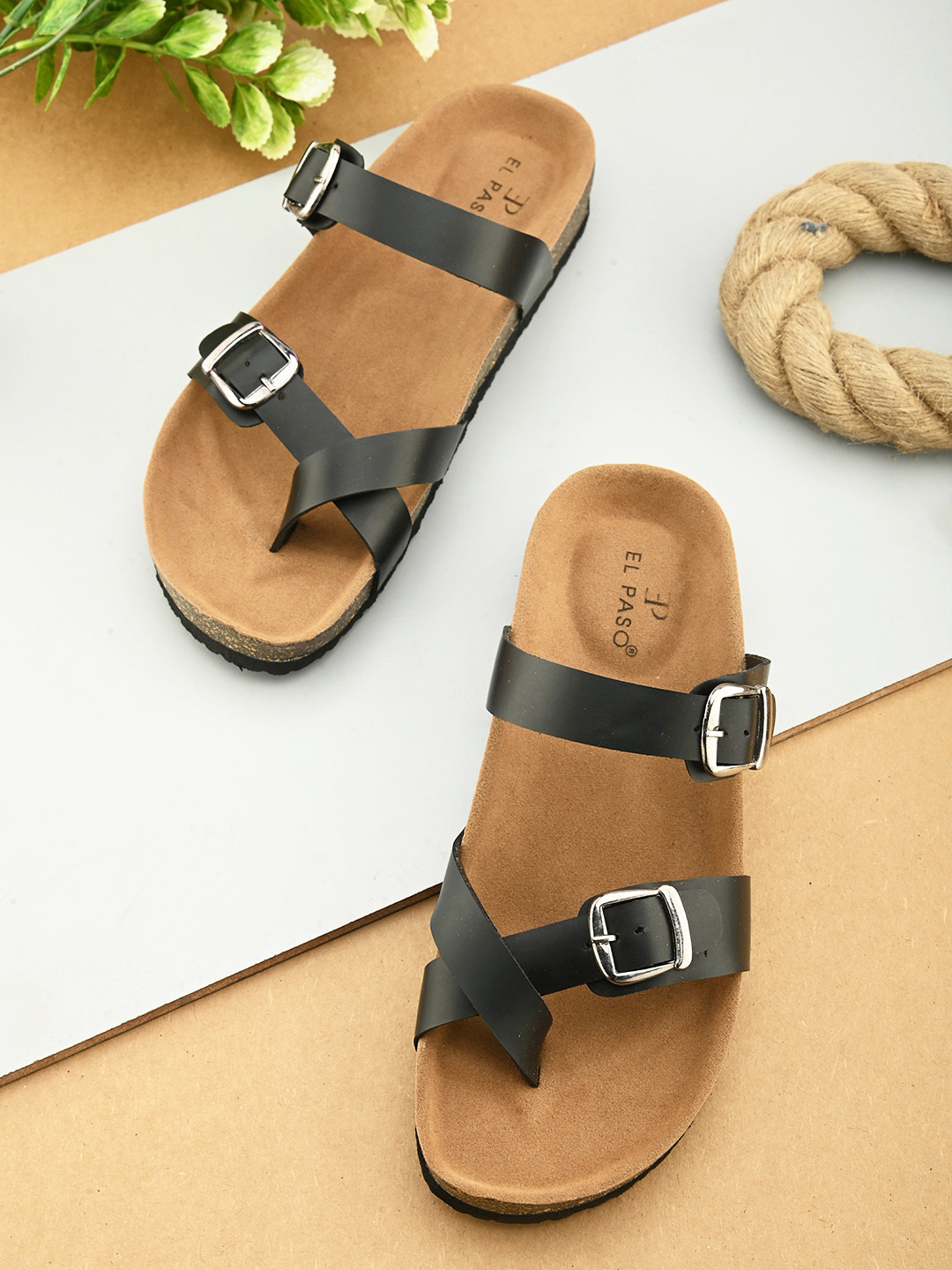 

El Paso Women Black Open Toe Flats with Buckles