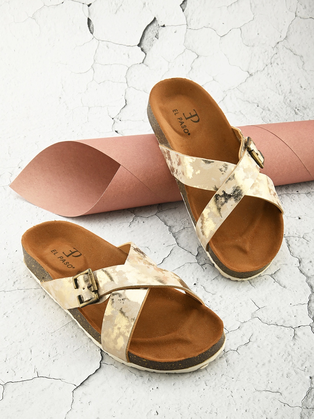

El Paso Women Peach Coloured Printed Open Toe Flats with Buckles